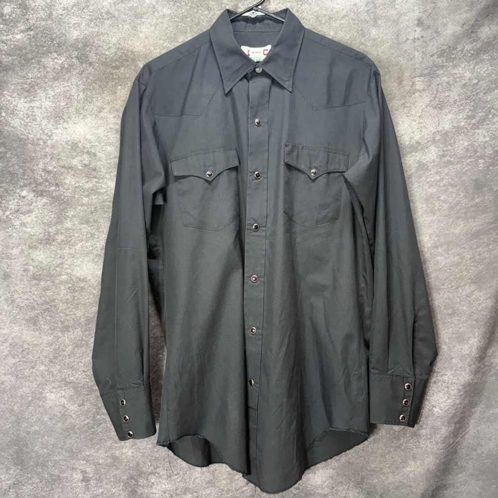 VTG H Bar C California Ranchwear Mens Black Western Pearl Snap Shirt Size 6 34